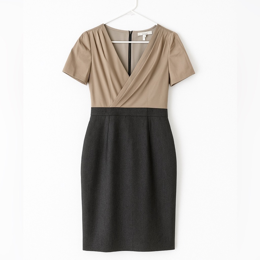 Max & Cleo Women’s Business Casual Dress Size 4 Grey & Taupe V-neck Puff Sleeves